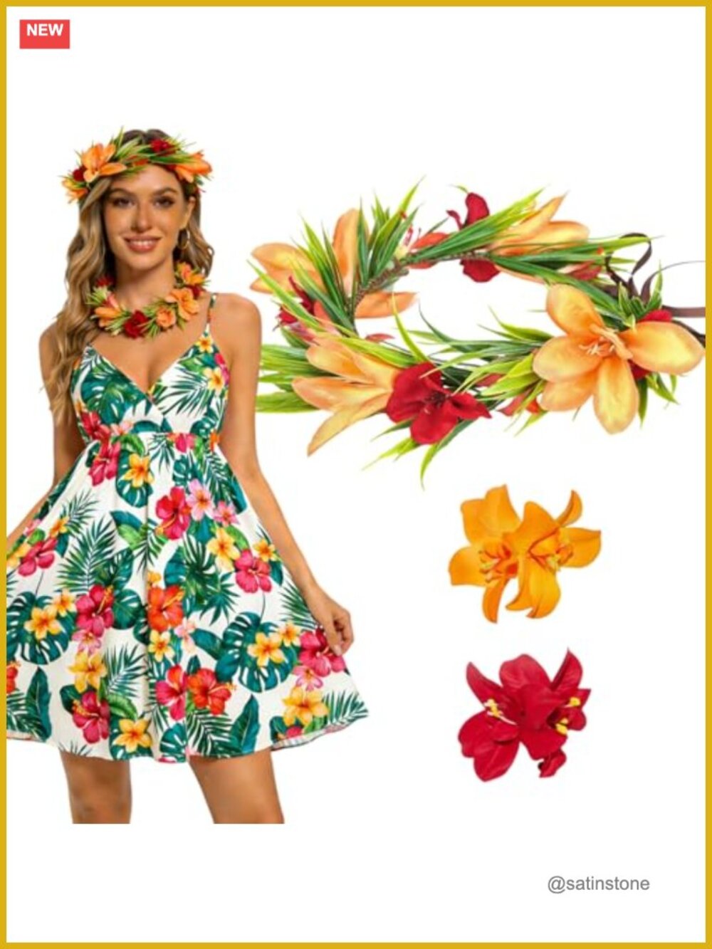 Hawaiian Flower Crown Headband Set with Ribbon Adjustable Silk Headpiece